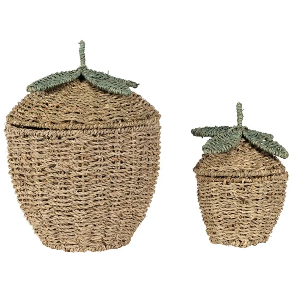 Lot de 2 corbeilles fraise en jonc de mer naturel et vert - Les Fruits