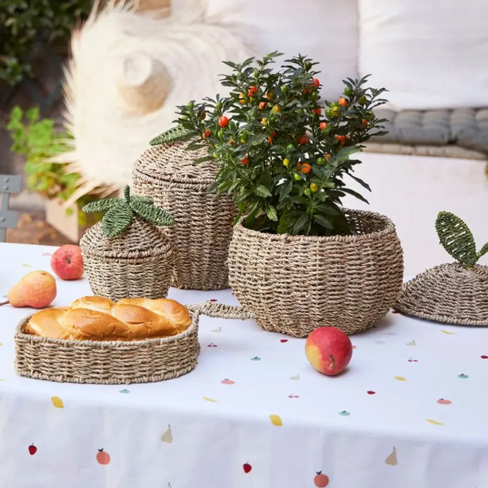 Lot de 2 corbeilles fraise en jonc de mer naturel et vert - Les Fruits