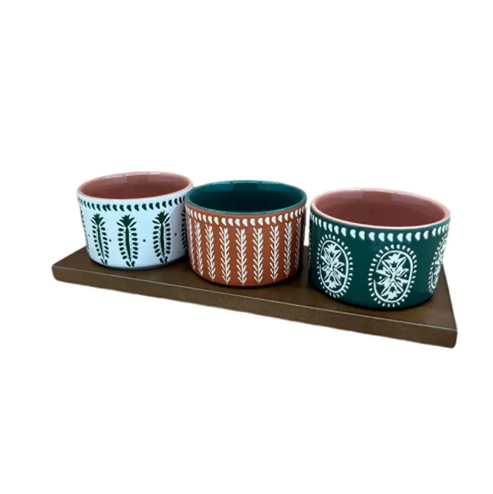 Lot de 3 coupelles en grès et plateau terracotta, vert et blanc - romance vegetal