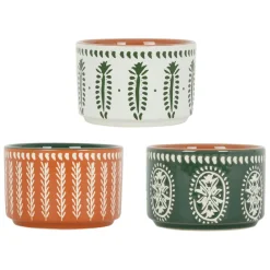 Lot de 3 coupelles en grès et plateau terracotta, vert et blanc - romance vegetal