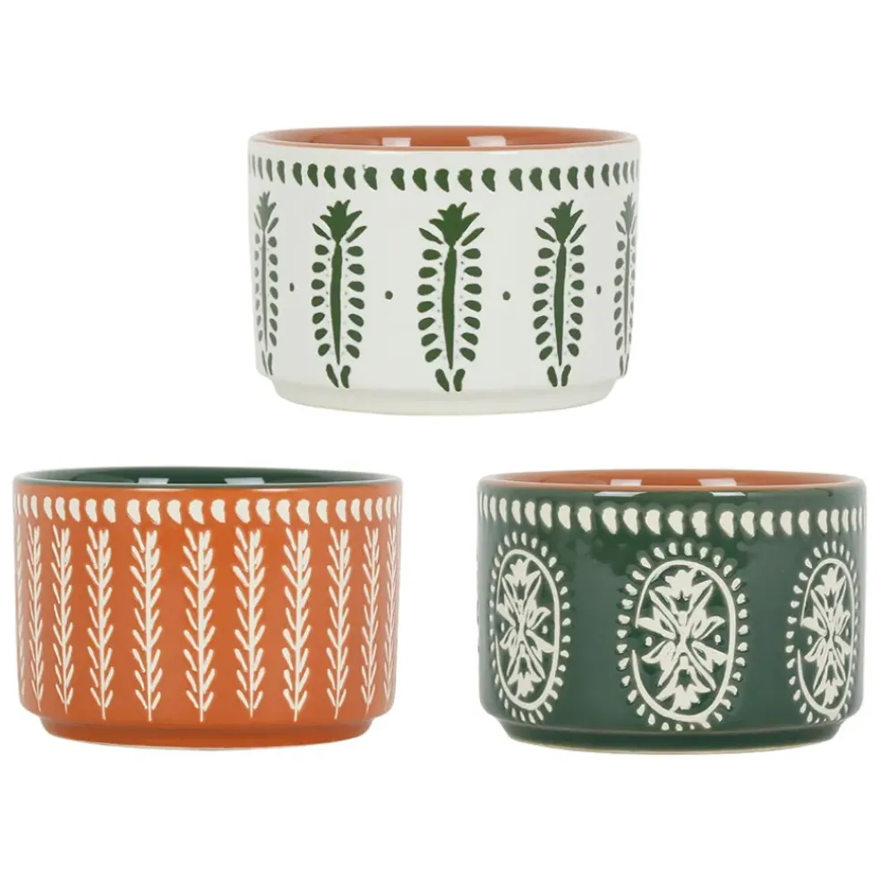 Lot de 3 coupelles en grès et plateau terracotta, vert et blanc - romance vegetal