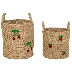 Lot de 2 paniers en jonc de mer naturel et cerise rouge - Les Fruits