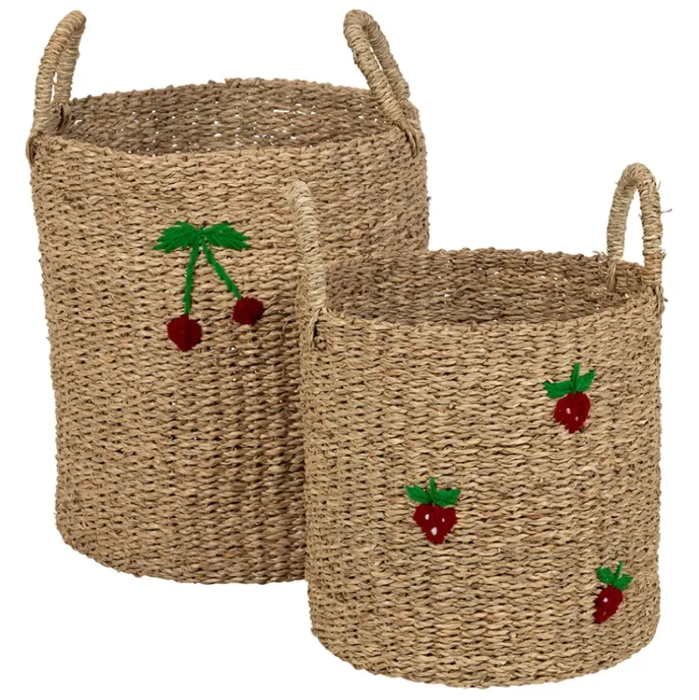 Lot de 2 paniers en jonc de mer naturel et cerise rouge - Les Fruits