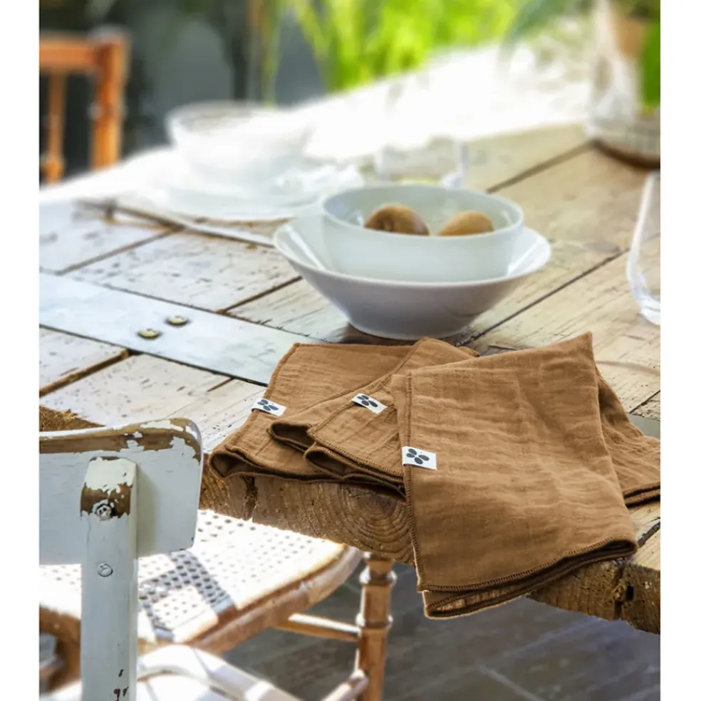 Lot de 3 serviettes de table camel en gaze de coton 40x40cm - Gaia