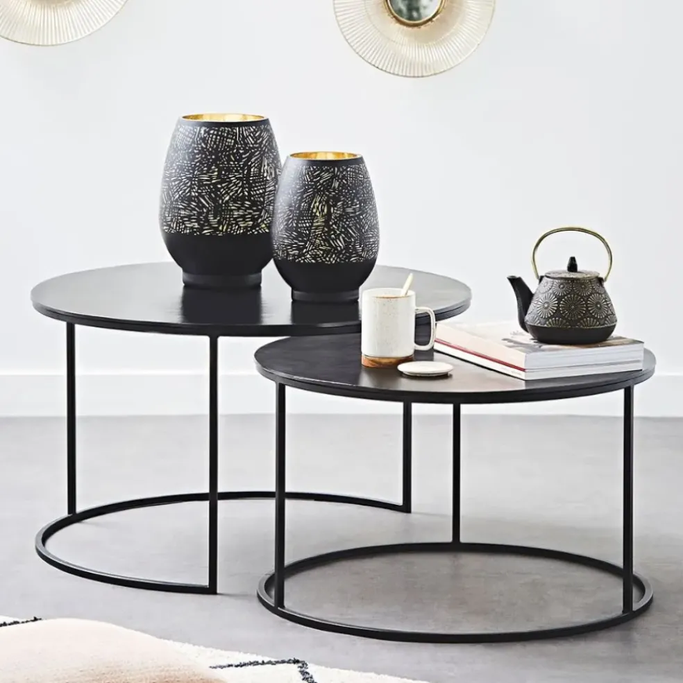 Lot de 2 table gigogne en aluminium et fer noir - Felia