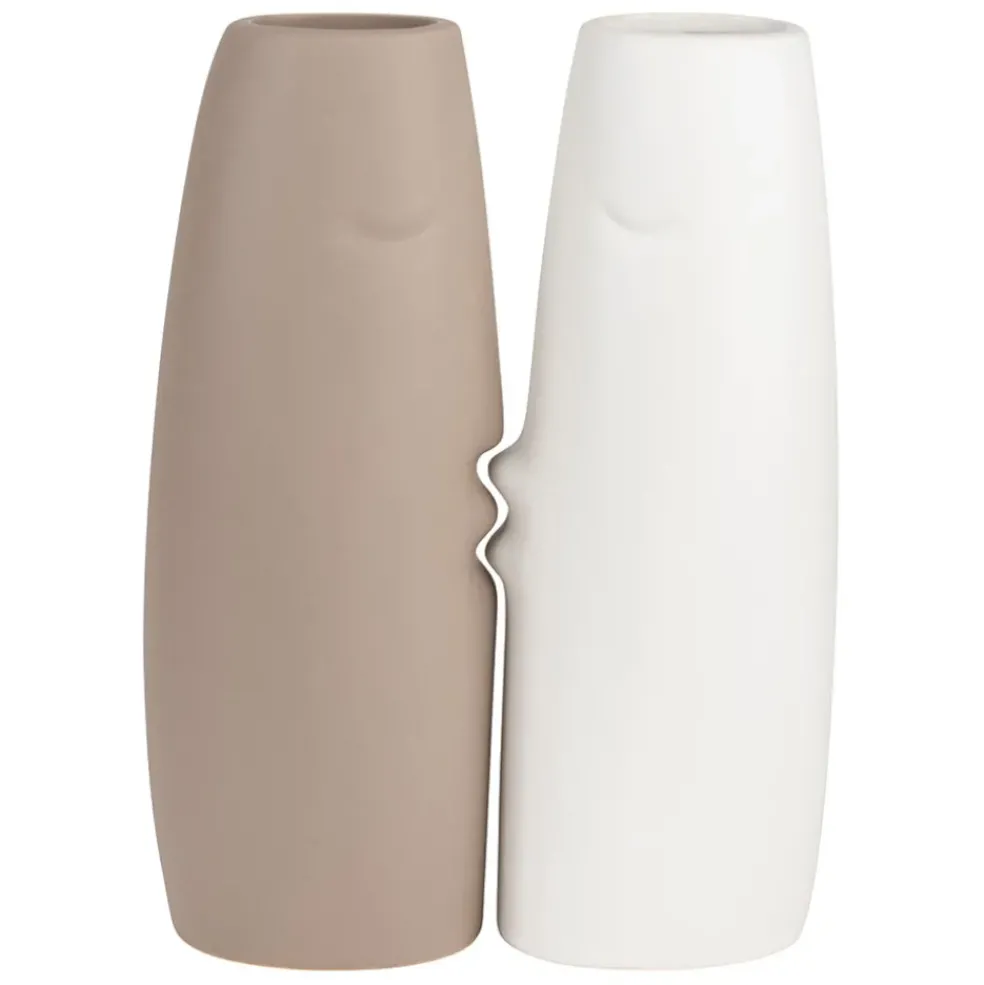 Lot de 2 Vases visage en gres, beige et blanc