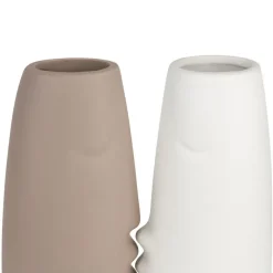 Lot de 2 Vases visage en gres, beige et blanc