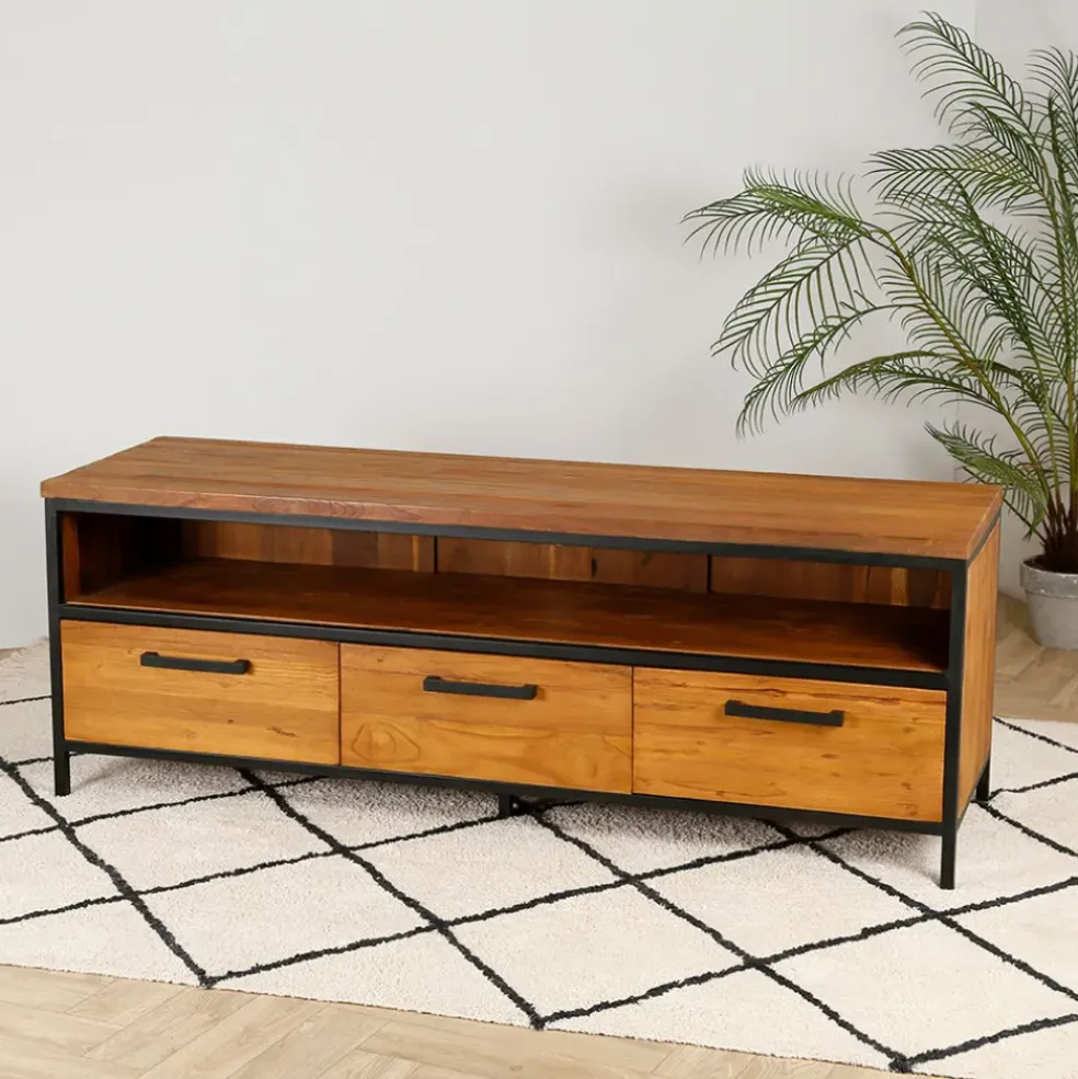 Meuble TV en teck massif 3 tiroirs L150cm - Alix