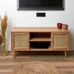 Meuble TV naturel en bois et cannage L115cm - Baia