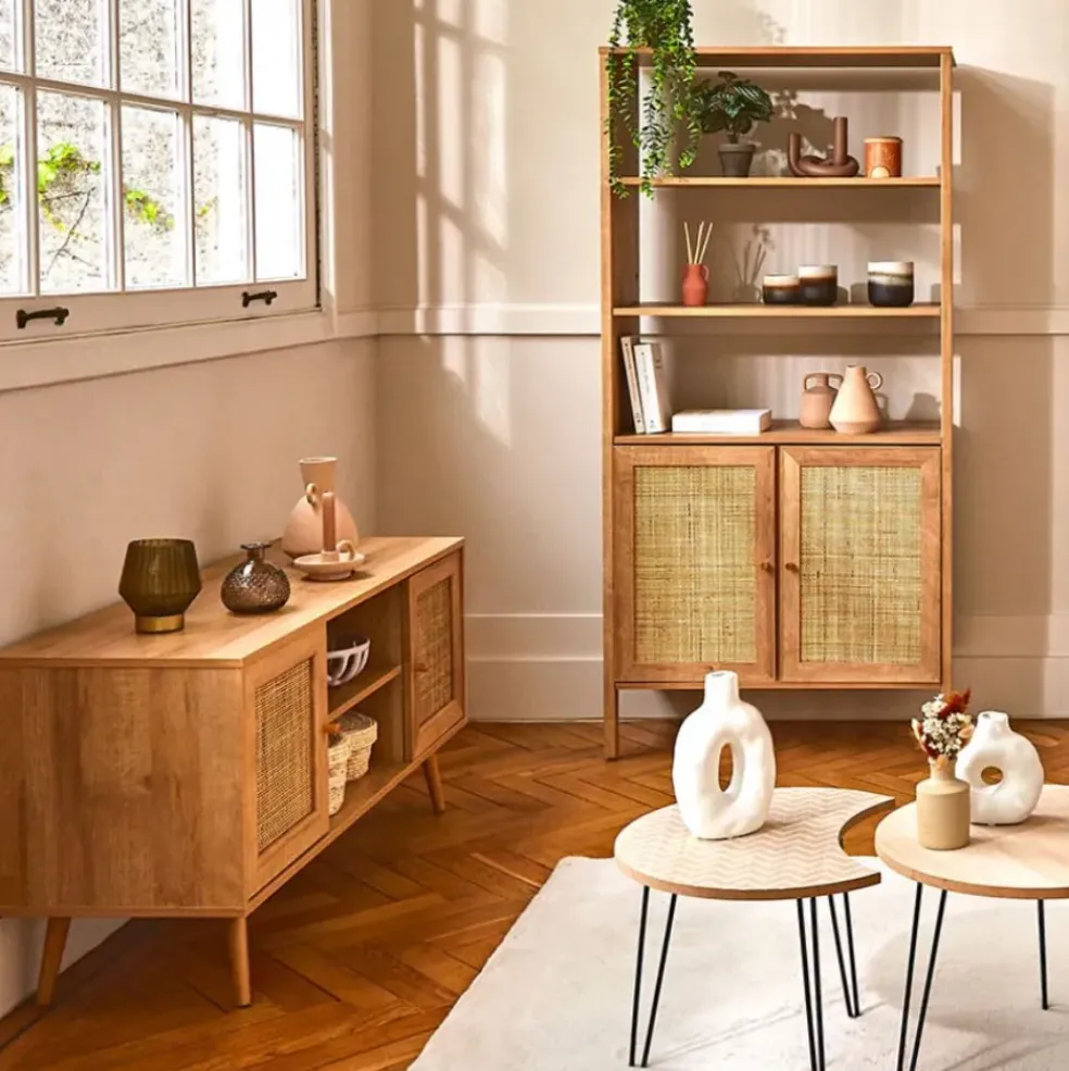 Meuble TV naturel en bois et cannage L115cm - Baia
