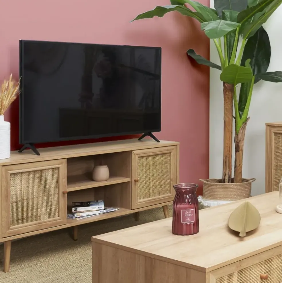 Meuble TV naturel en bois et cannage L115cm - Baia