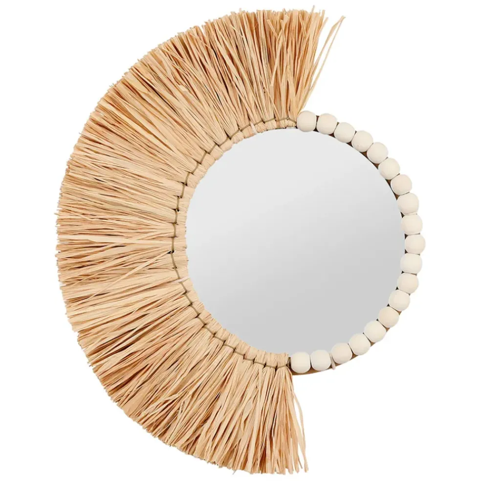 Miroir rond asymétrique en raphia - blue sand