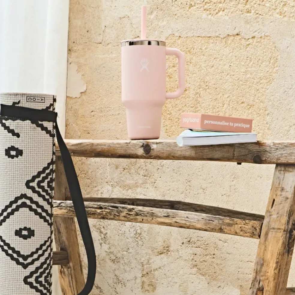 Mug isotherme avec poignée et paille rose 946ml