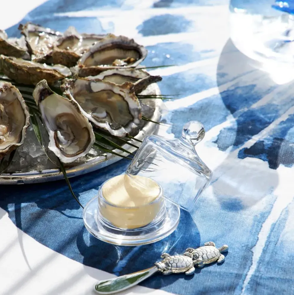Nappe en coton enduit blanc et bleu 320x160cm - Bord De Mer