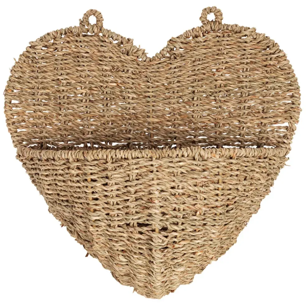 Panier mural cœur en jonc de mer naturel 33x32cm - Chaumière