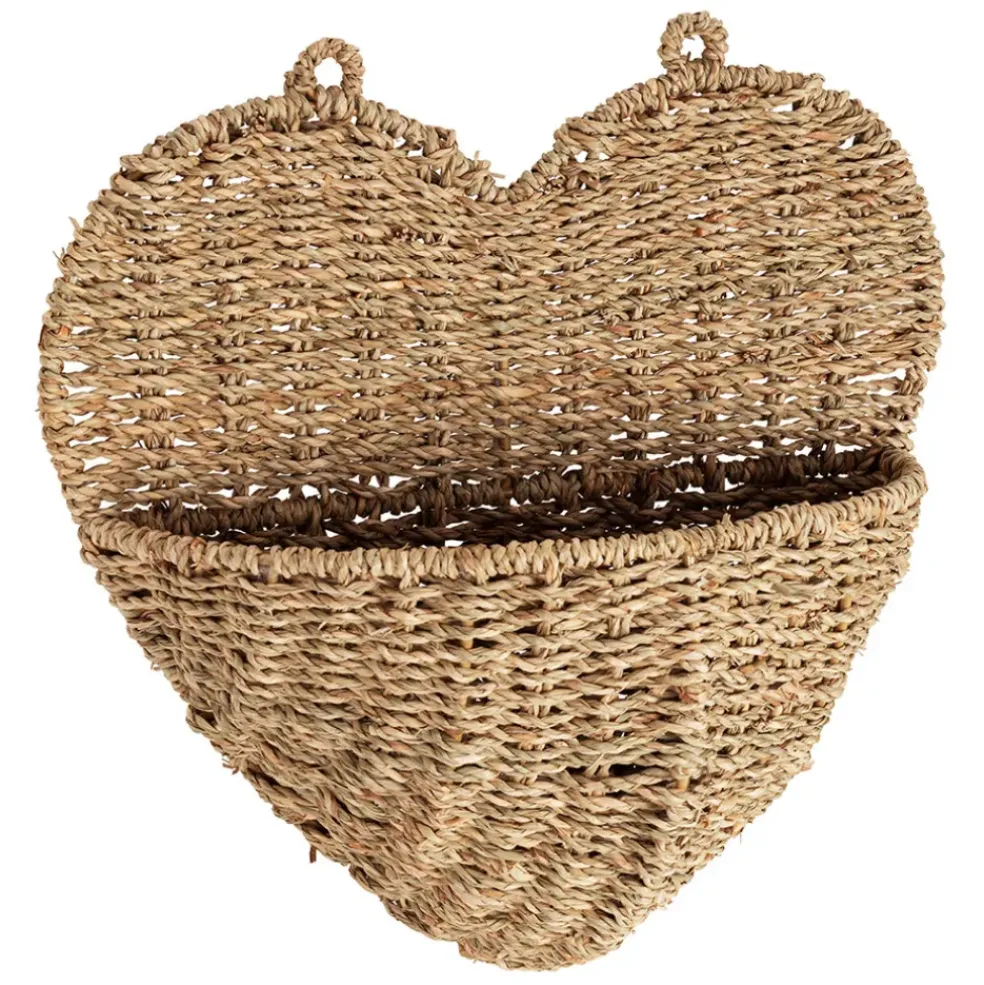 Panier mural cœur en jonc de mer naturel 33x32cm - Chaumière