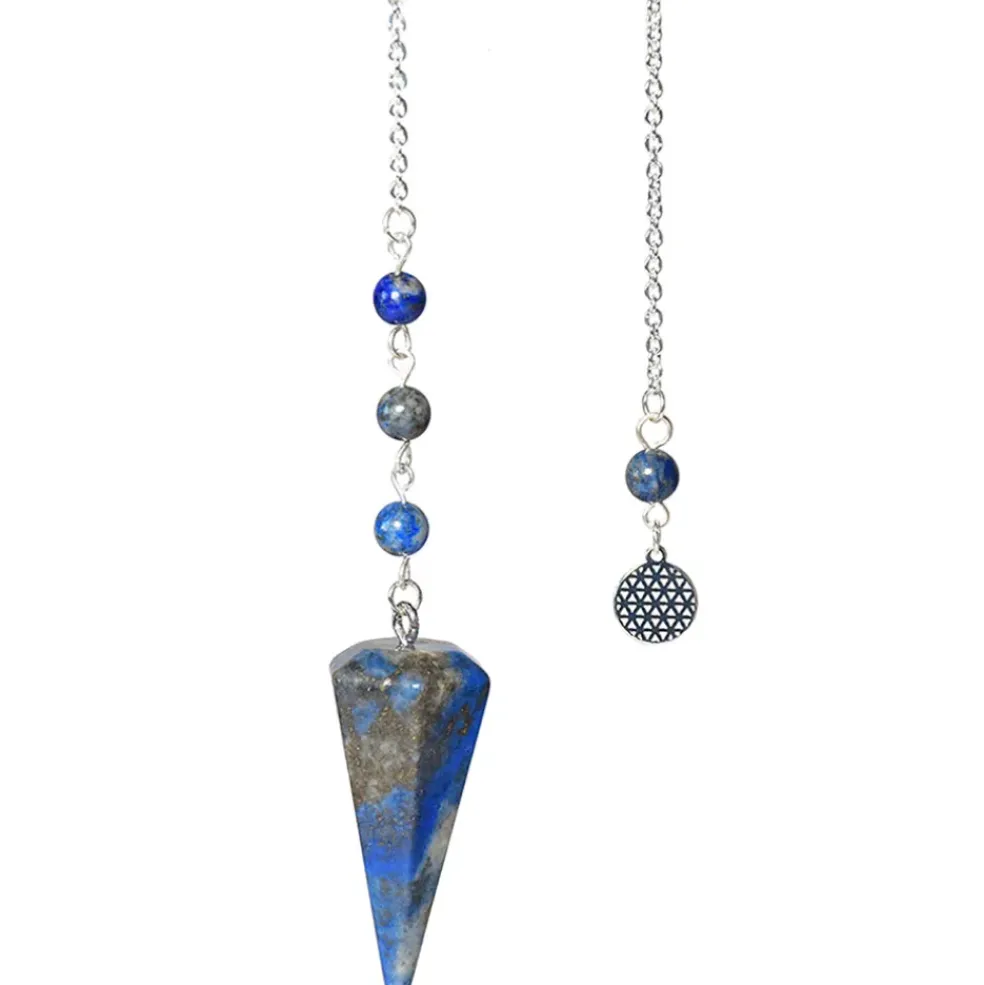 Pendule hexagonal en lapis-lazuli et charm fleur de vie