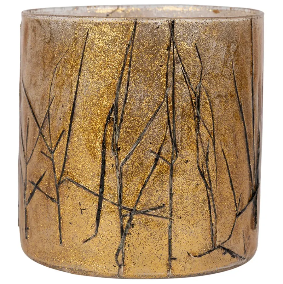 Photophore en verre et végétaux doré et noir d10cm - Brindille