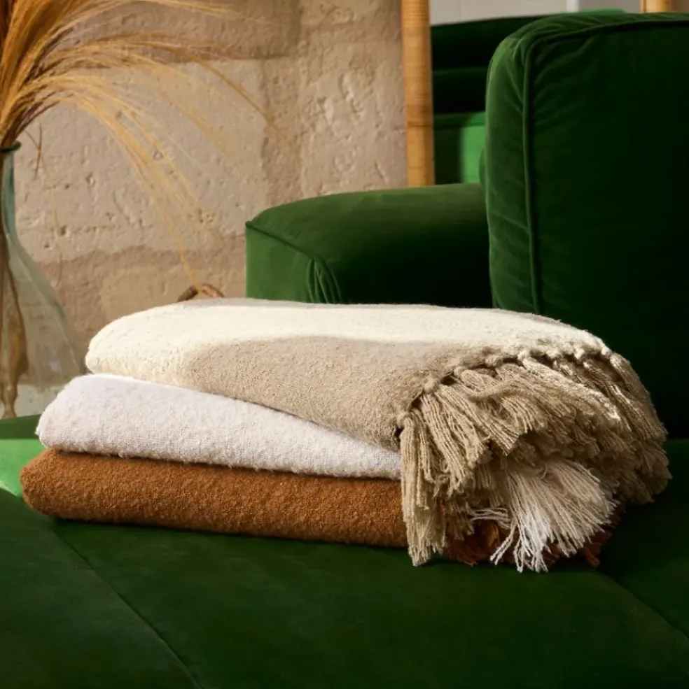 Plaid avec franges en tissu olive 150x130cm - Klosen