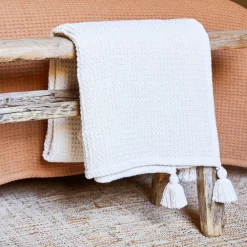 Plaid en coton nid d'abeille ecru 170x130cm - Beezz