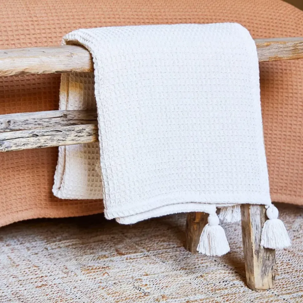Plaid en coton nid d'abeille ecru 170x130cm - Beezz