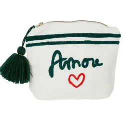 Pochette brodée amore blanc cassé 20x15cm en coton et polyester