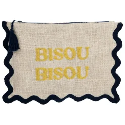 Pochette brodée bisou en coton jaune et bleu - Lumi