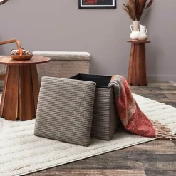 Pouf coffre pliable en tissu côtelé taupe - Scarlett