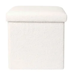 Pouf coffre pliable en tissu bouclette blanc