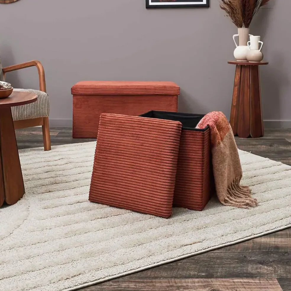 Pouf coffre pliable en tissu côtelé terracotta - Scarlett