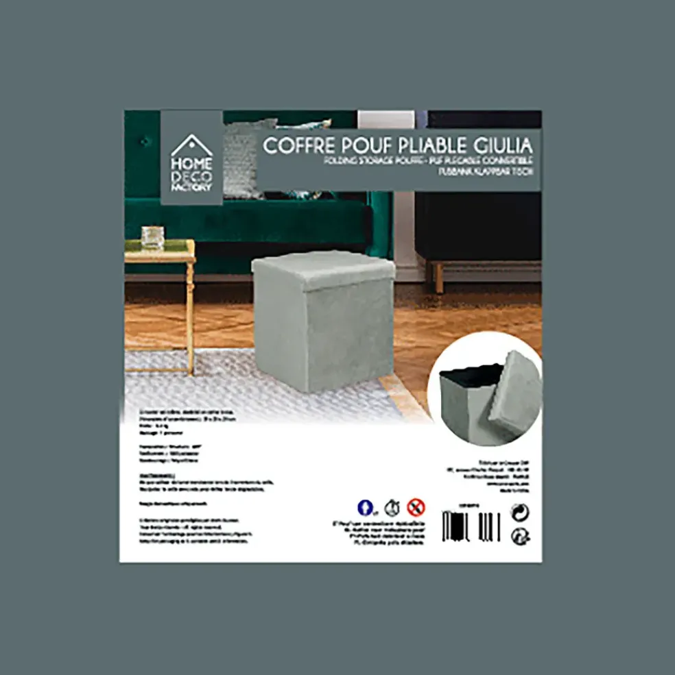 Pouf coffre pliable en velours côtelé gris - Julia