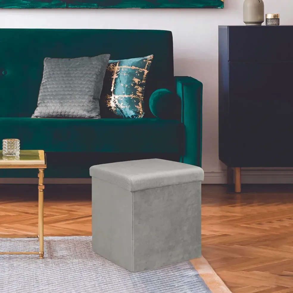 Pouf coffre pliable en velours côtelé gris - Julia