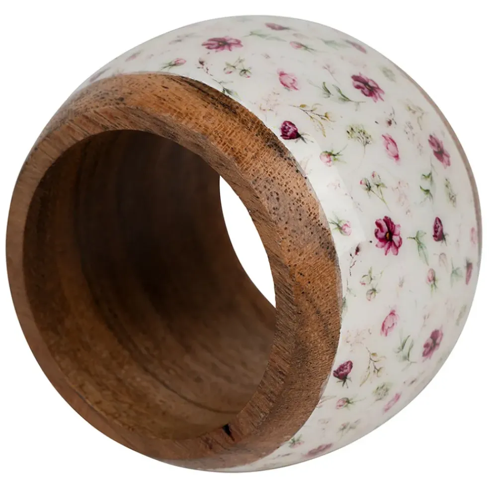 Rond de serviette (x4) en acacia et résine rose et blanc d3cm