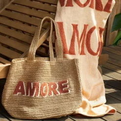 Sac brodé "amore" en corde de papier naturel et terracotta - Lumi