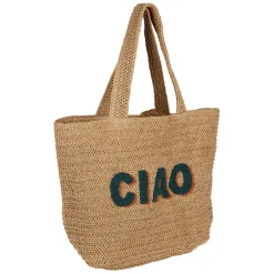 Sac brodé "ciao" en corde de papier naturel et émeraude - Lumi