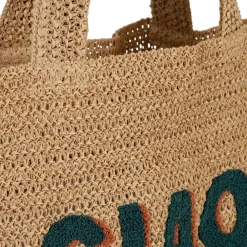 Sac brodé "ciao" en corde de papier naturel et émeraude - Lumi