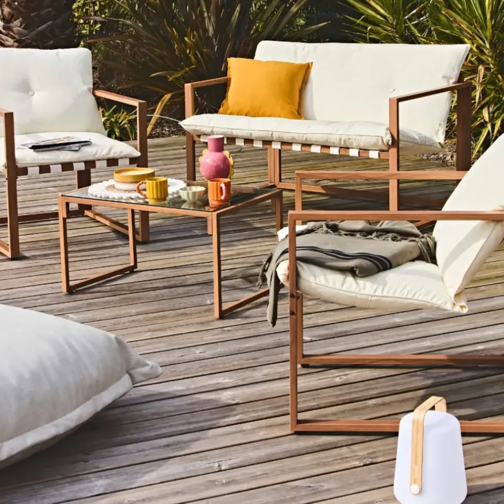 Salon de jardin 4 places en fer avec coussins blanc - Cagliari