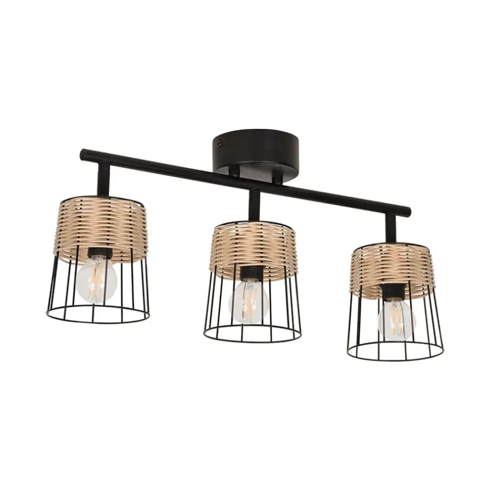 Spot 3 lumières en metal et rotin tresse h23cm noir - indah