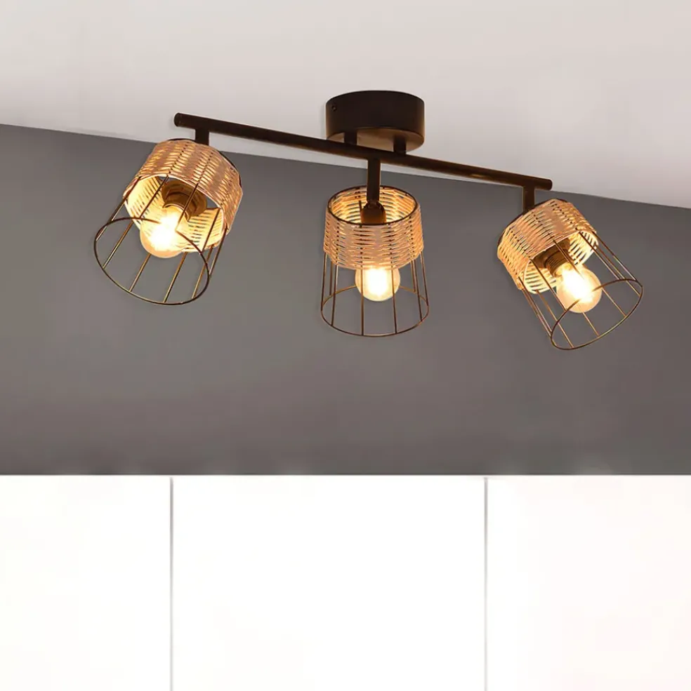 Spot 3 lumières en metal et rotin tresse h23cm noir - indah