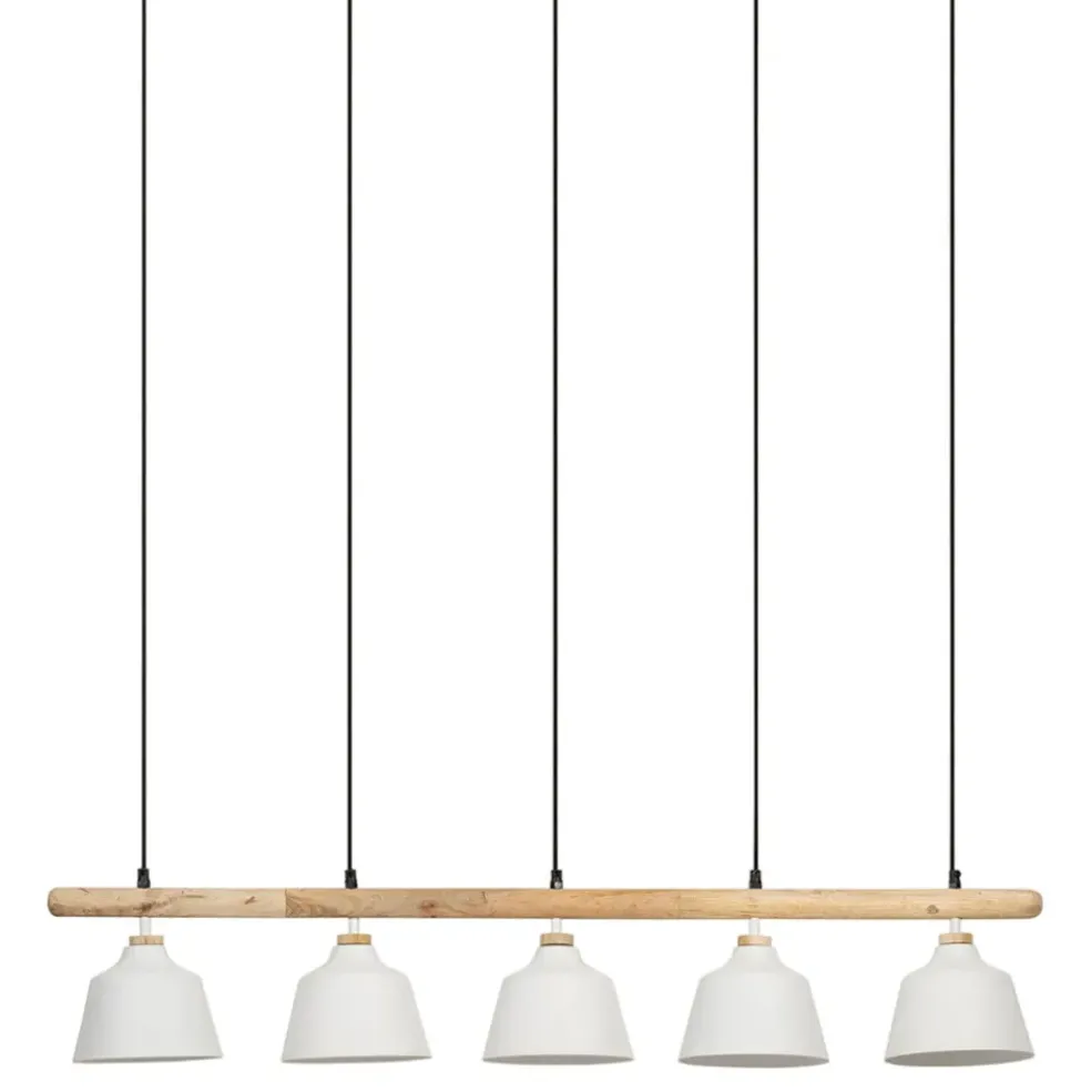 Suspension 5 lampes en fer et manguier blanc L114cm - Ferese