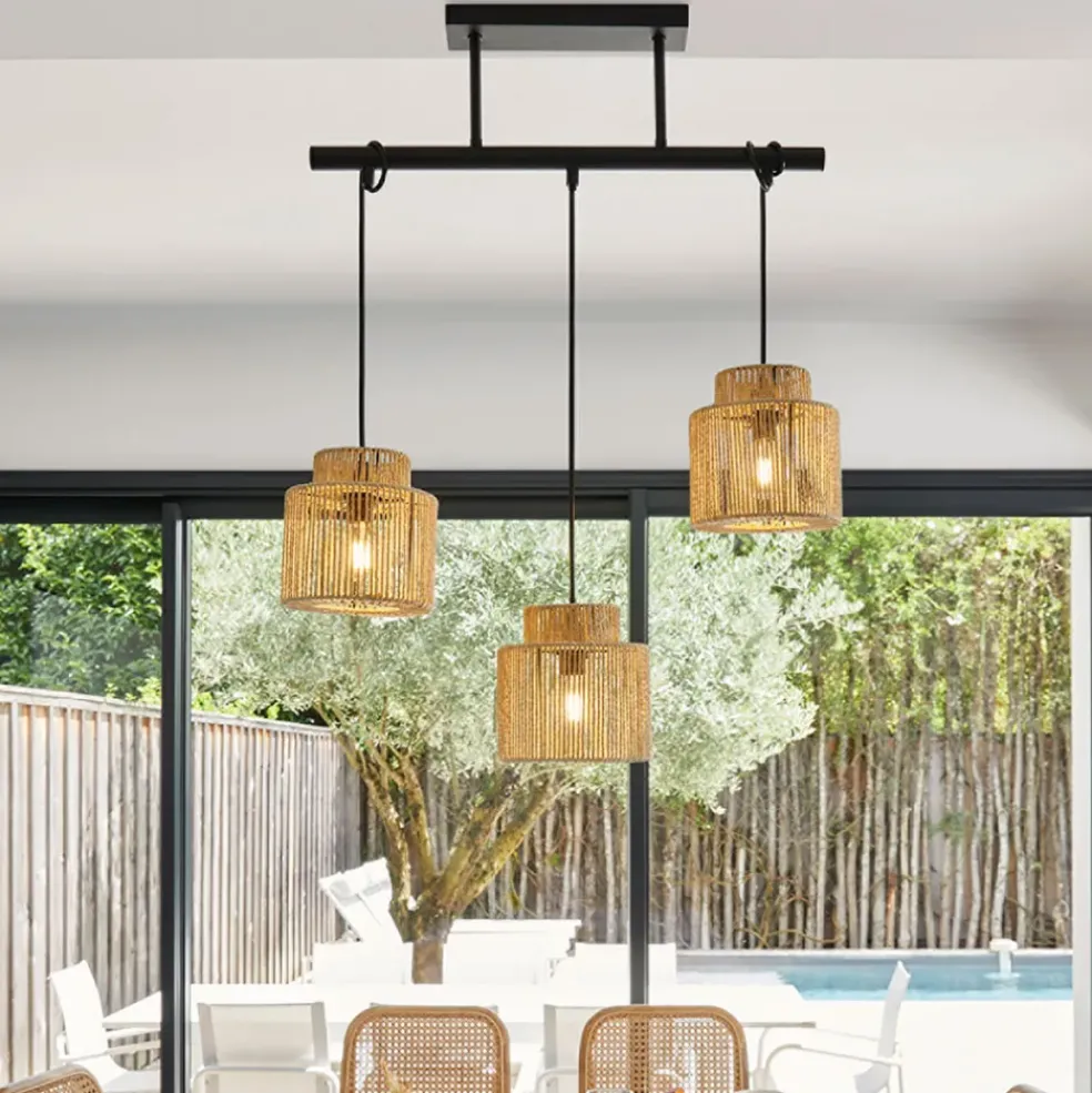 Suspension 3 lumière en métal et cordelette tressé l60cm naturel - cancun