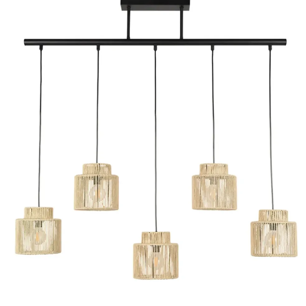 Suspension 5 lumières en métal et cordelette tressé naturel L98cm naturel - Cancun