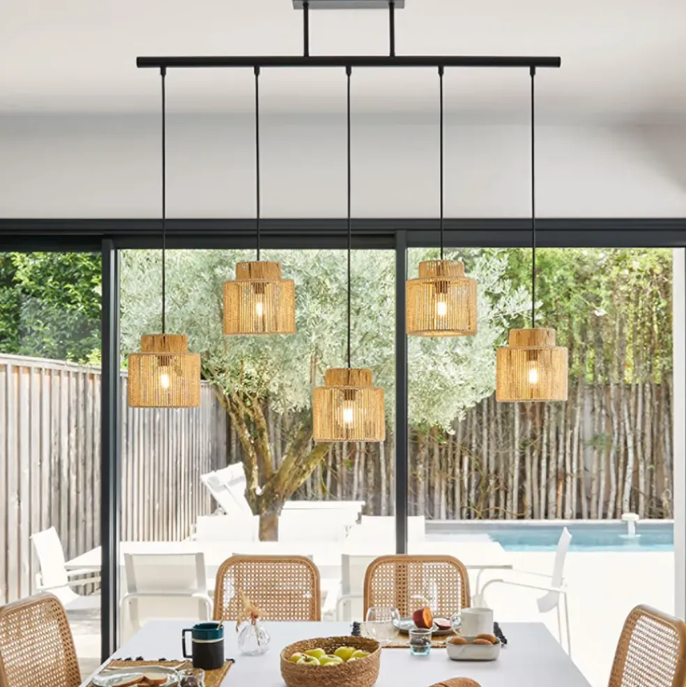 Suspension 5 lumières en métal et cordelette tressé naturel L98cm naturel - Cancun