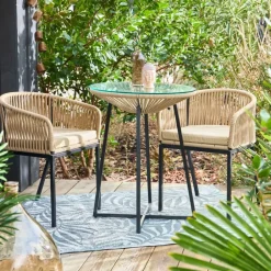 Table bar extérieur rond en fer et verre beige et noir d61cm - Baleares