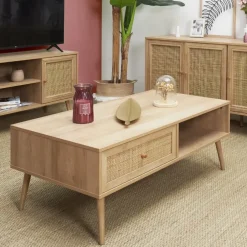 Table basse avec tiroir en bois et cannage L110cm - Baia