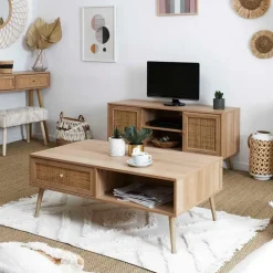 Table basse avec tiroir en bois et cannage L110cm - Baia