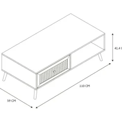 Table basse avec tiroir en bois et cannage L110cm - Baia