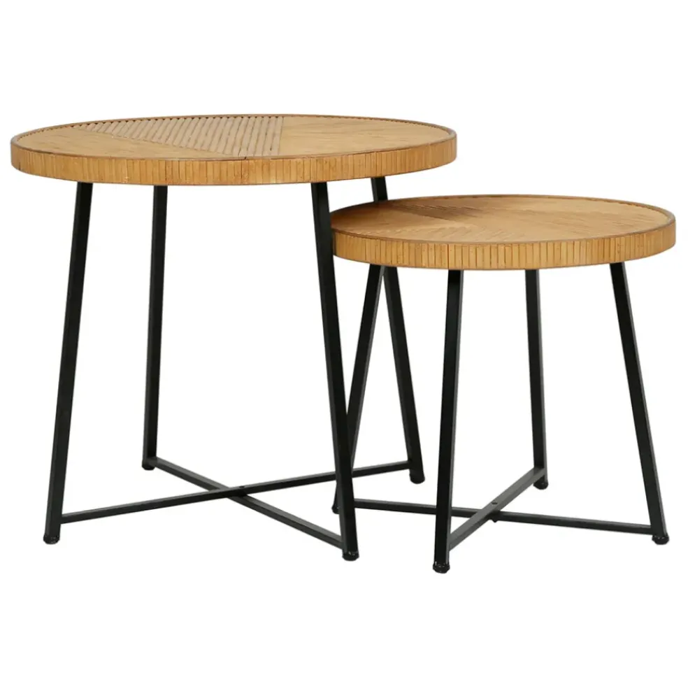 Table basse (lot de 2) en bambou, rotin et pieds en fer noir - Saori