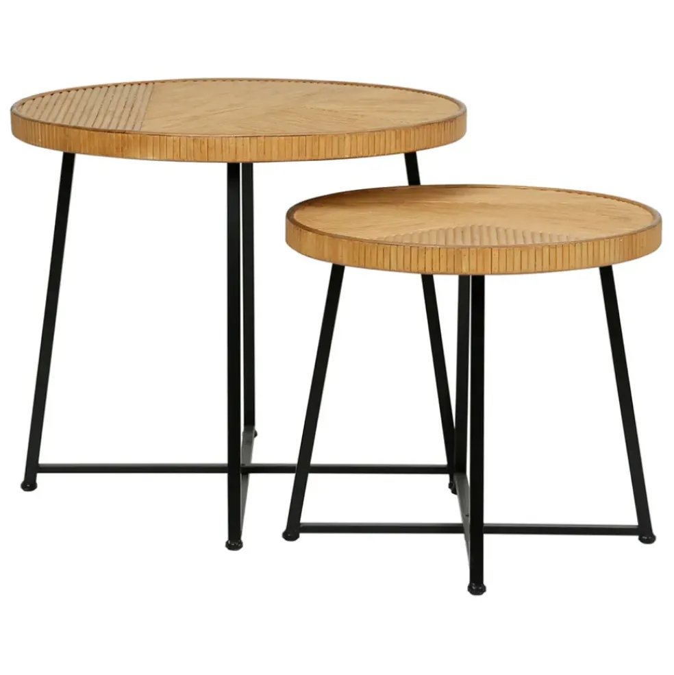 Table basse (lot de 2) en bambou, rotin et pieds en fer noir - Saori