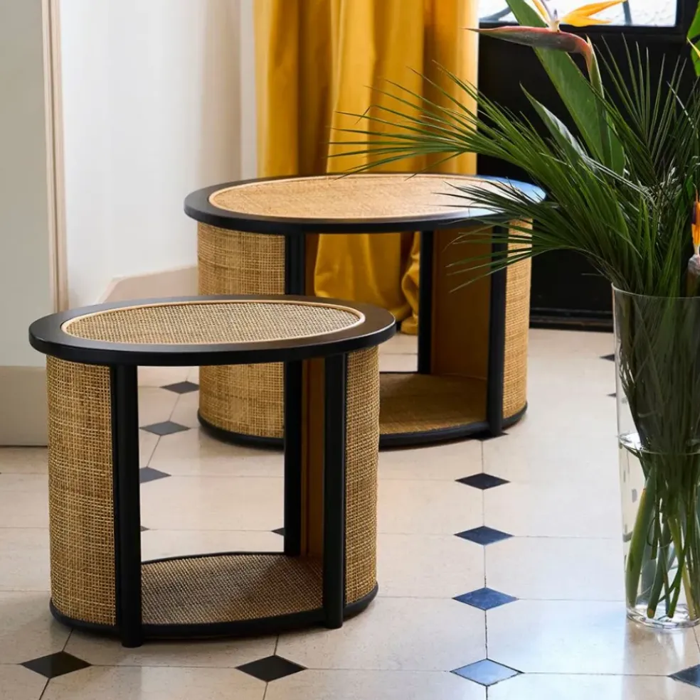Table d'appoint en rotin et sapin naturel et noir - Balamea